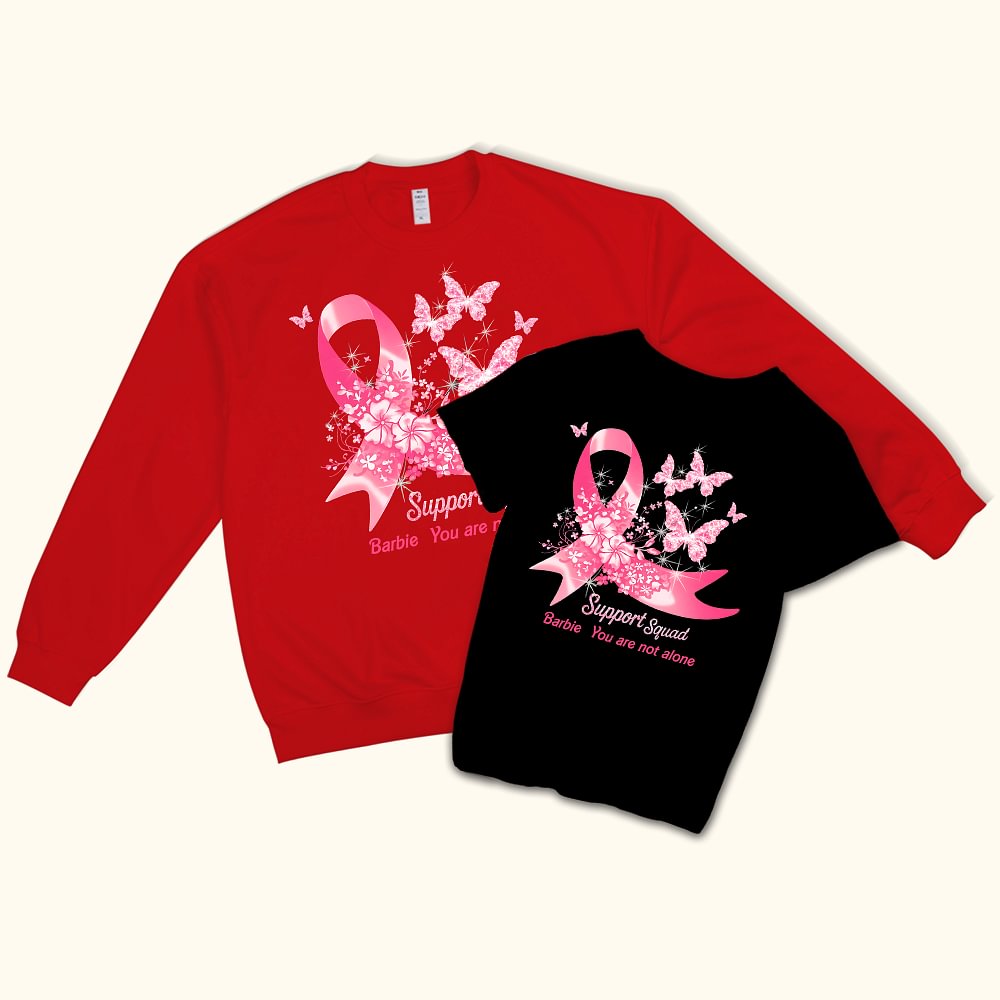 Personnalisé Ruban Rose Papillon Support Squad Sweatshirt T-shirt avec Nom Encouragement Cadeau d'Anniversaire pour Famille Cancer du Sein