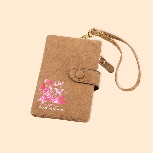 Personalized Pink Ribbon Butterfly Support Squad Leather Folded Wristlet Wallet with Name Birthday Encouragement Gift for Breast Cancer Patient