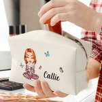 Personalised Cartoon Character Birth Flower Bouquet Large Leather Makeup Pouch Bag with Name Mother’s Day Birthday Christmas Gift for Women