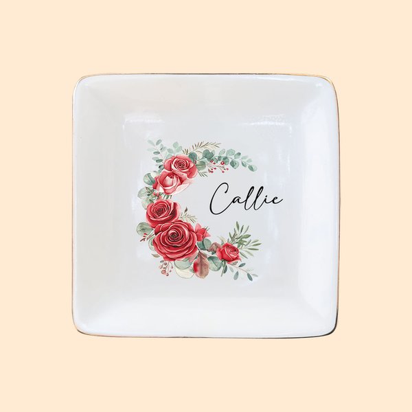 Personalized Birth Flower Wreath Ceramic Square Trinket Jewellery Dish with Name Birthday Christmas Gift for Women