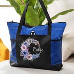Personalisierte Geburt Blume Kranz große Tragetasche mit Namen und Mesh-Taschen Reisen Essentials Geburtstag Geschenk für Frauen