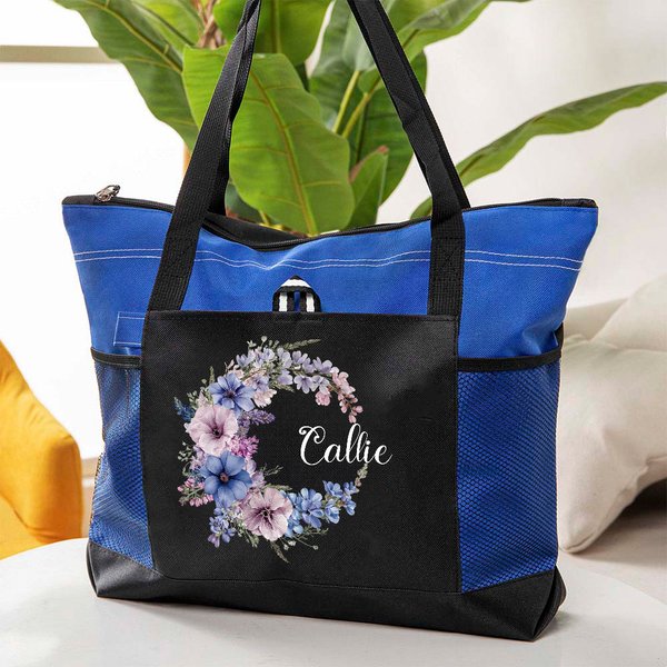 Bolso de mano grande con nombre y bolsillos de malla Personalizado Birth Flower Wreath Regalo de cumpleaños esencial para mujer