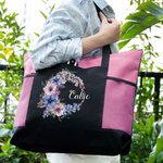 Personalisierte Geburt Blume Kranz große Tragetasche mit Namen und Mesh-Taschen Reisen Essentials Geburtstag Geschenk für Frauen