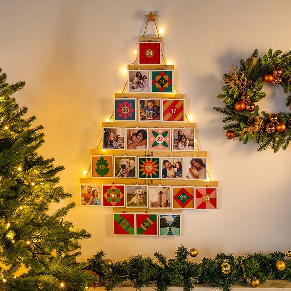 Gepersonaliseerde Uittrekbare Adventskalender in Kerstboomvorm met 24 Foto’s en LED-licht Woondecoratie Kerstalbum en Verjaardagscadeau voor Familie