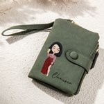 Personalised Fashion Cartoon Girl Tri-Fold PU Leather Wristlet Wallet with Card Holder and Name Birthday Christmas Gift for Women