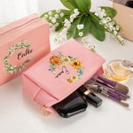 Sac de maquillage personnalisé en cuir PU avec nom et fleur de naissance Waterproof Travel Essentials Birthday Wedding Gift for Women Girls