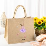 Personalized Cartoon Ballet Girl Reusable Large Jute Tote Bag with Name Birthday Gift for Women Dance Lovers