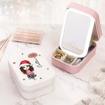 Boîte à Bijoux à Miroir LED Personnalisée avec Nom Fleur de Naissance et Personnage Cartoon Cadeau St-Valentin Noël pour Femme Fille Petite Amie
