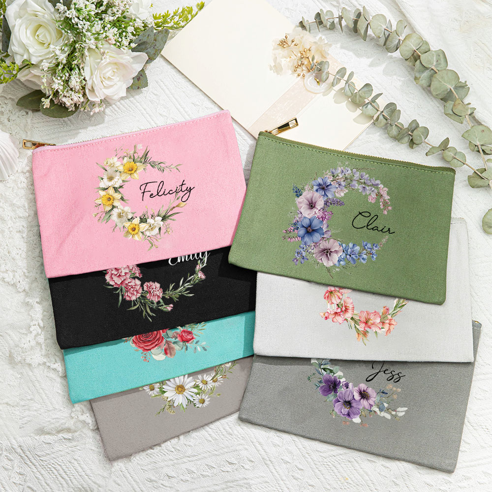 Trousse de maquillage en toile personnalisée avec nom et couronne de fleurs pour fille, cadeau d'anniversaire pour femme