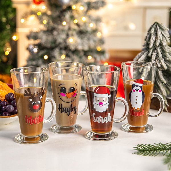 Personalized Christmas Snowman Santa Claus Hot Chocolate Latte Name Glass with Handle Christmas Gift for Family Friend