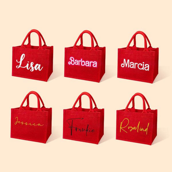 Dolly Curvy Font sac cabas réutilisable en toile de jute rouge avec nom Anniversaire Mariage Noël Party Favors Gift for Women Girls