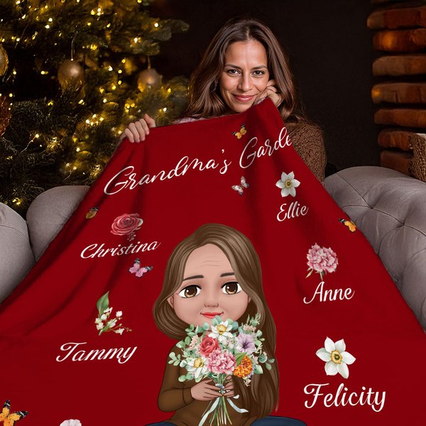 Personalizado de dibujos animados Mujer Nacimiento Flor Ramo Manta suave con 1-8 Nombres Cumpleaños Navidad Regalo para Mamá Abuela