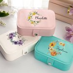 Personalised Birth Flower Wreath 2 Layer Portable Leather Travel Snap Jewellery Case with Name Birthday Anniversary Gift for Women