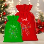 Personalised Colored Lights Coquette Bow Name Drawstring Gift Bag with Kraft Paper Tag Merry Christmas Party Favors for Kids Family
