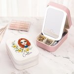 Personalized Cartoon Character Birth Flower Wreath Leather Travel Jewelry Box with Name LED Changing Color Makeup Mirror Birthday Gift for Women