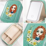 Personalized Cartoon Character Birth Flower Wreath Leather Travel Jewelry Box with Name LED Changing Color Makeup Mirror Birthday Gift for Women