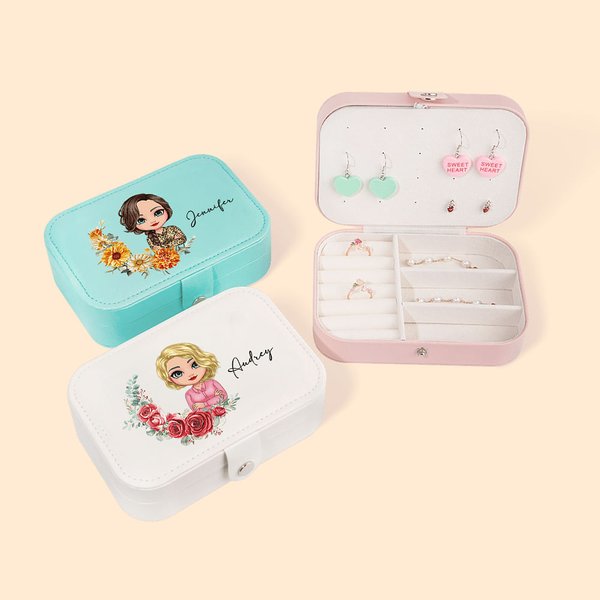 Personalized Portable Birth Flower Wreath Cartoon Character Two-layer Jewelry Box with Name Travel Essential Birthday Gift for Women Girls