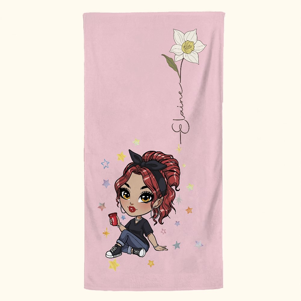 Serviette de Plage Personnalisée avec Nom Personnage Dessin Animé et Fleur de Naissance Accessoire en Microfibre Cadeau Anniversaire Noël pour Femmes