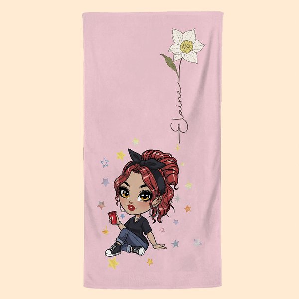 Personalized Cartoon Fashion Girl Birth Flower Quick Dry Oversized Microfiber Beach Towel with Name Summer Travel Essential Birthday Gift for Her