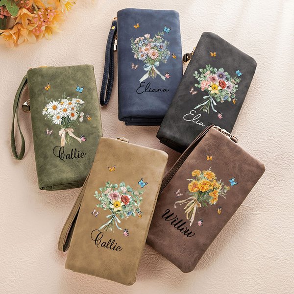 Henkilökohtainen Perhe Syntymä Kukkakimppu Nahka Taitettu Rannekoru Lompakko kortinhaltija ja nimi Syntymäpäivä Äitienpäivä lahja naisille