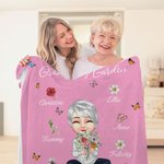 Personalizado de dibujos animados Mujer Nacimiento Flor Ramo Manta suave con 1-8 Nombres Cumpleaños Navidad Regalo para Mamá Abuela