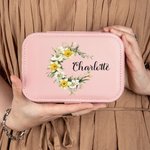 Personalised Birth Flower Wreath 2 Layer Portable Leather Travel Snap Jewellery Case with Name Birthday Anniversary Gift for Women