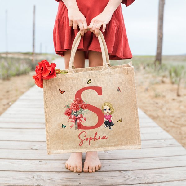 Sac Fourre-tout Personnalisé avec Fleur de Naissance Nom Initiale et Personnage Essentiel de Voyage Cadeau Anniversaire pour Femme