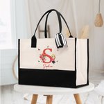 Personalised Birth Flower Bouquet Cartoon Character Reusable Large Canvas Tote Bag with Name and Initial Birthday Anniversary Gift for Women Girls