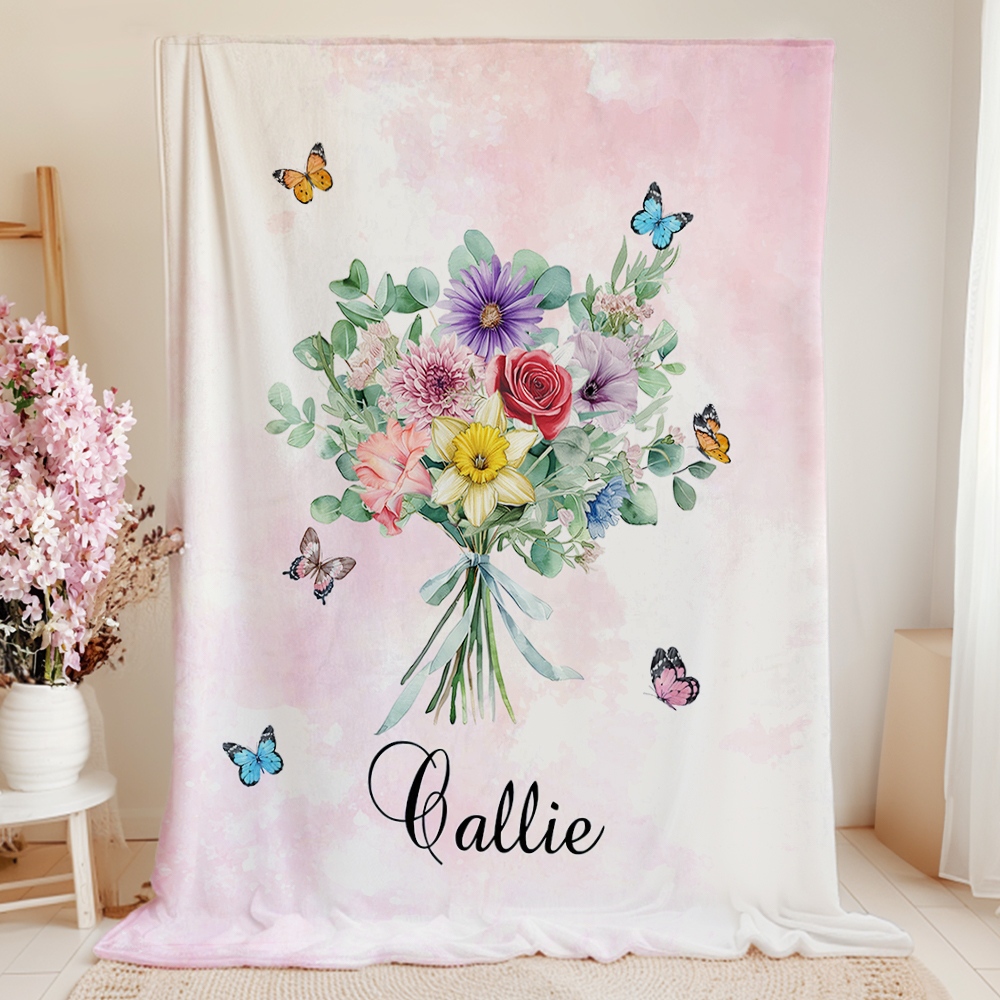 Personnalisé Aquarelle Fleur de naissance Bouquet Papillon Douce Couverture avec Nom Décoration Maison Anniversaire Famille Cadeau pour les Femmes