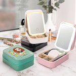 Personalized Cartoon Character Birth Flower Wreath Leather Travel Jewelry Box with Name LED Changing Color Makeup Mirror Birthday Gift for Women