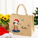 Personalised Cute Cartoon Character Birth Flower Bouquet Jute Tote Bag with Name Christmas Birthday Gift for Women Girls