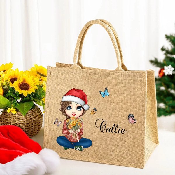 Sac en Toile de Jute Personnalisé avec Nom et Personnage Fleur de Naissance Cadeau Noël Anniversaire pour Femme Fille