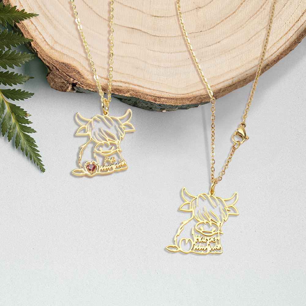Collier de pierres de naissance avec nom pour vache Highland Creuse Bijoux personnalisés Cadeau d'anniversaire pour femmes Highland Cow Lovers