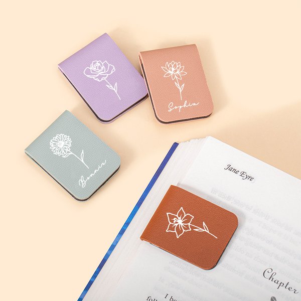 Personalized Line Birth Flower Magnetic Leather Bookmark Clip with Name Reading Stationery Supplies Birthday Book Club Gift for Bookworms