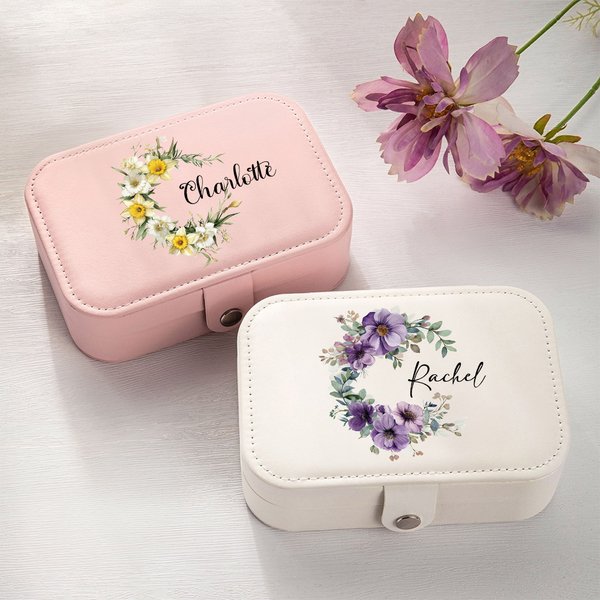 Personalized Birth Flower Wreath 2 Layer Portable Leather Travel Snap Jewellery Case with Name Birthday Anniversary Gift for Women