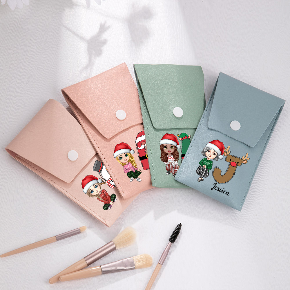 Sac à brosses en cuir avec nom 8 brosses à maquillage Cadeau de Noël pour la famille et les amis