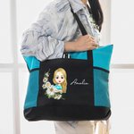 Personifierad tecknad flicka kvinna karaktär stor Oxford tygkasse med namn och födelseblomma krans resor Essentials födelsedagspresent till henne