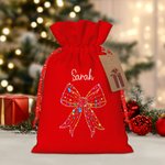 Personalised Colored Lights Coquette Bow Name Drawstring Gift Bag with Kraft Paper Tag Merry Christmas Party Favors for Kids Family