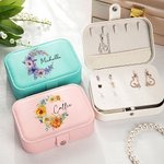 Personalised Birth Flower Wreath 2 Layer Portable Leather Travel Snap Jewellery Case with Name Birthday Anniversary Gift for Women