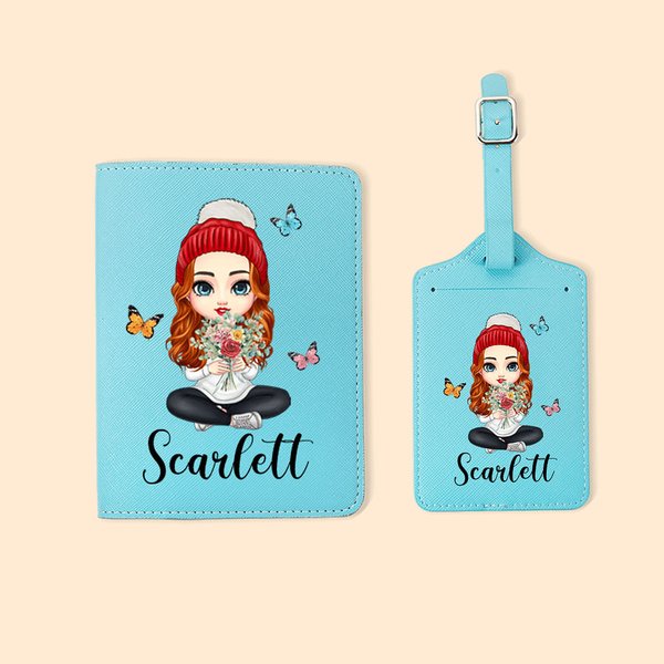 Personalised Cartoon Character Birth Flower Bouquet PU Leather Luggage Tag with Name Travel Accessory Birthday Gift for Women Girls