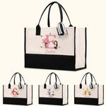 Personalised Birth Flower Bouquet Cartoon Character Reusable Large Canvas Tote Bag with Name and Initial Birthday Anniversary Gift for Women Girls