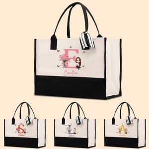 Personalised Birth Flower Bouquet Cartoon Character Reusable Large Canvas Tote Bag with Name and Initial Birthday Anniversary Gift for Women Girls