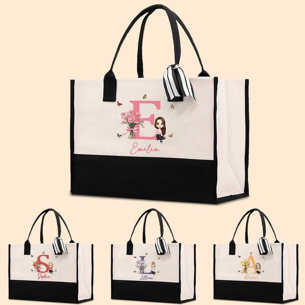 Personalized Birth Flower Bouquet Cartoon Character Reusable Large Canvas Tote Bag with Name and Initial Birthday Anniversary Gift for Women Girls