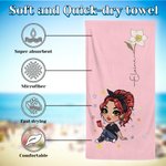 Personalized Cartoon Fashion Girl Birth Flower Quick Dry Oversized Microfiber Beach Towel with Name Summer Travel Essential Birthday Gift for Her