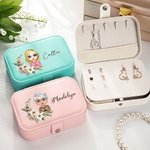 Personalized Portable Birth Flower Wreath Cartoon Character Two-layer Jewelry Box with Name Travel Essential Birthday Gift for Women Girls