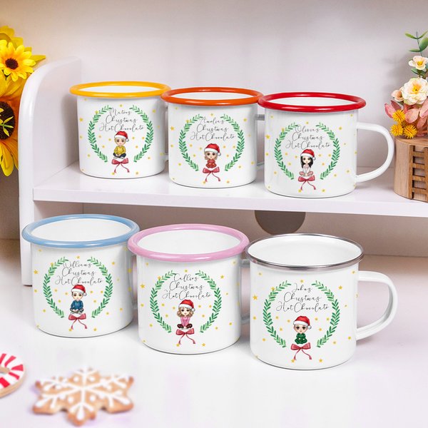 Henkilökohtainen söpö sarjakuvahahmo 12oz kuuma suklaa emali kuppi nimi syntymäpäivä joululahja perheen lapsille