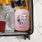 Personalized Cartoon Character Birth Flower Wreath Leather Travel Jewelry Box with Name LED Changing Color Makeup Mirror Birthday Gift for Women