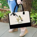 Personalised Birth Flower Bouquet Cartoon Character Reusable Large Canvas Tote Bag with Name and Initial Birthday Anniversary Gift for Women Girls