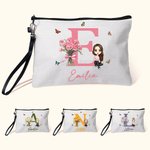 Personalized Birth Flower Bouquet Canvas Makeup Bag with Initial Name and Wristlet Birthday Anniversary Gift for Girl Women