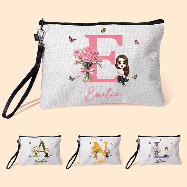 Personlig Födelseblomma Bukett Canvas Makeupväska med initialt namn och handledsväska Födelsedag Jubileum Present till flicka Kvinnor